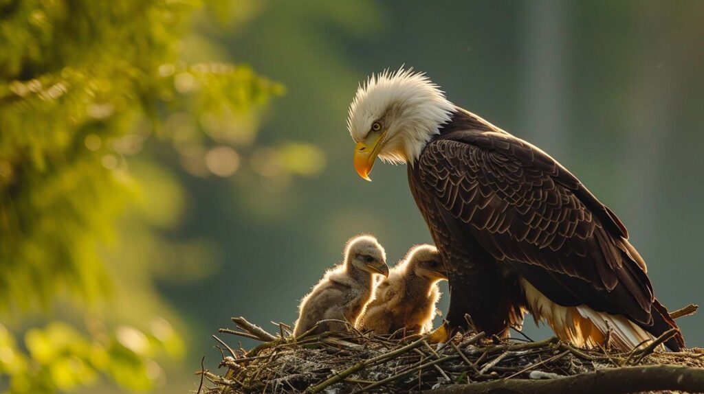 A bald eagle with chicks in its nest