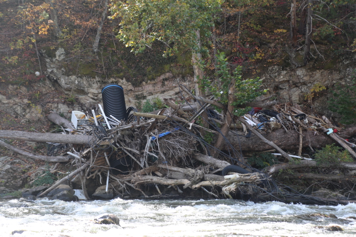 A pile of debris on the French Broad River at Sandy Bottom.