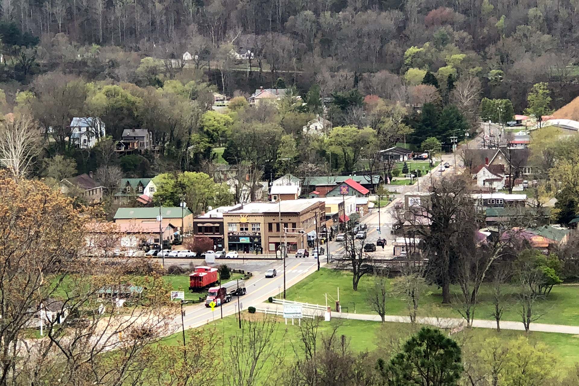 Aerial view of the town of Hot Springs, NC