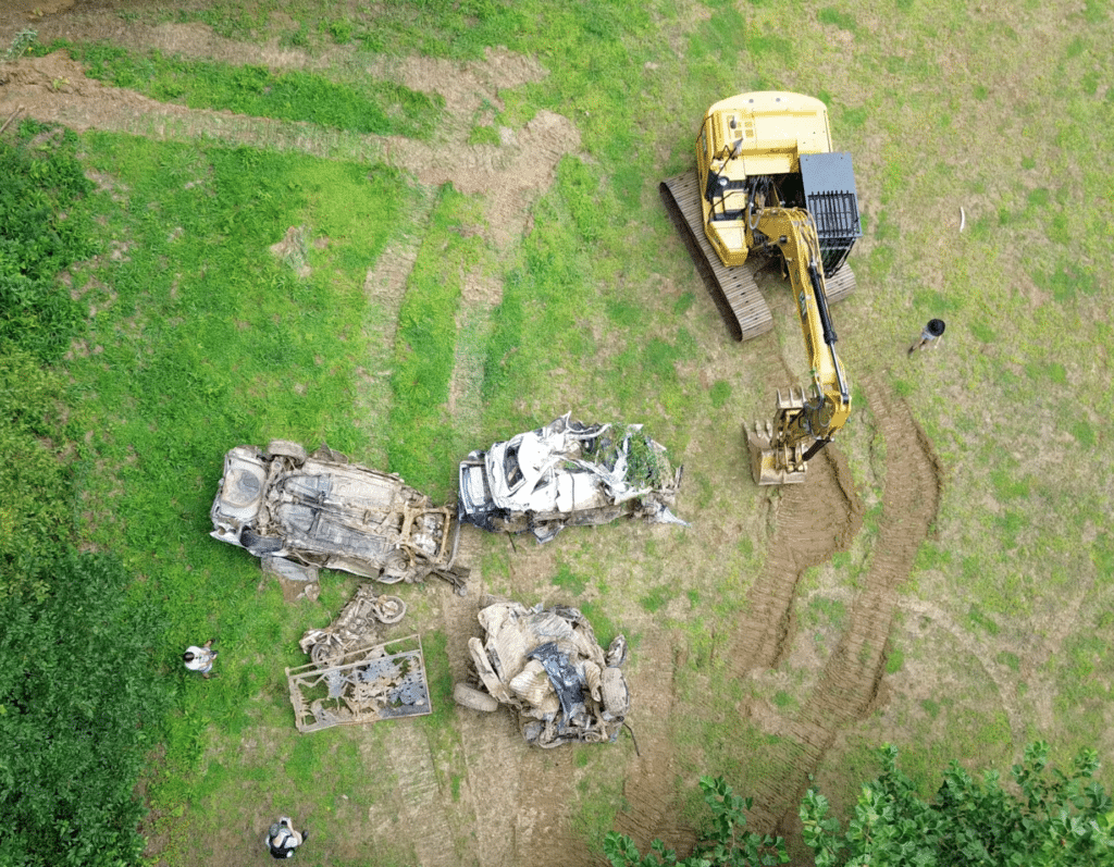 It took Precision Grading just a few hours to pull the vehicles out of the Big Hungry River and stage them together before moving them up and out of the gorge. Photo by Greg Parlier